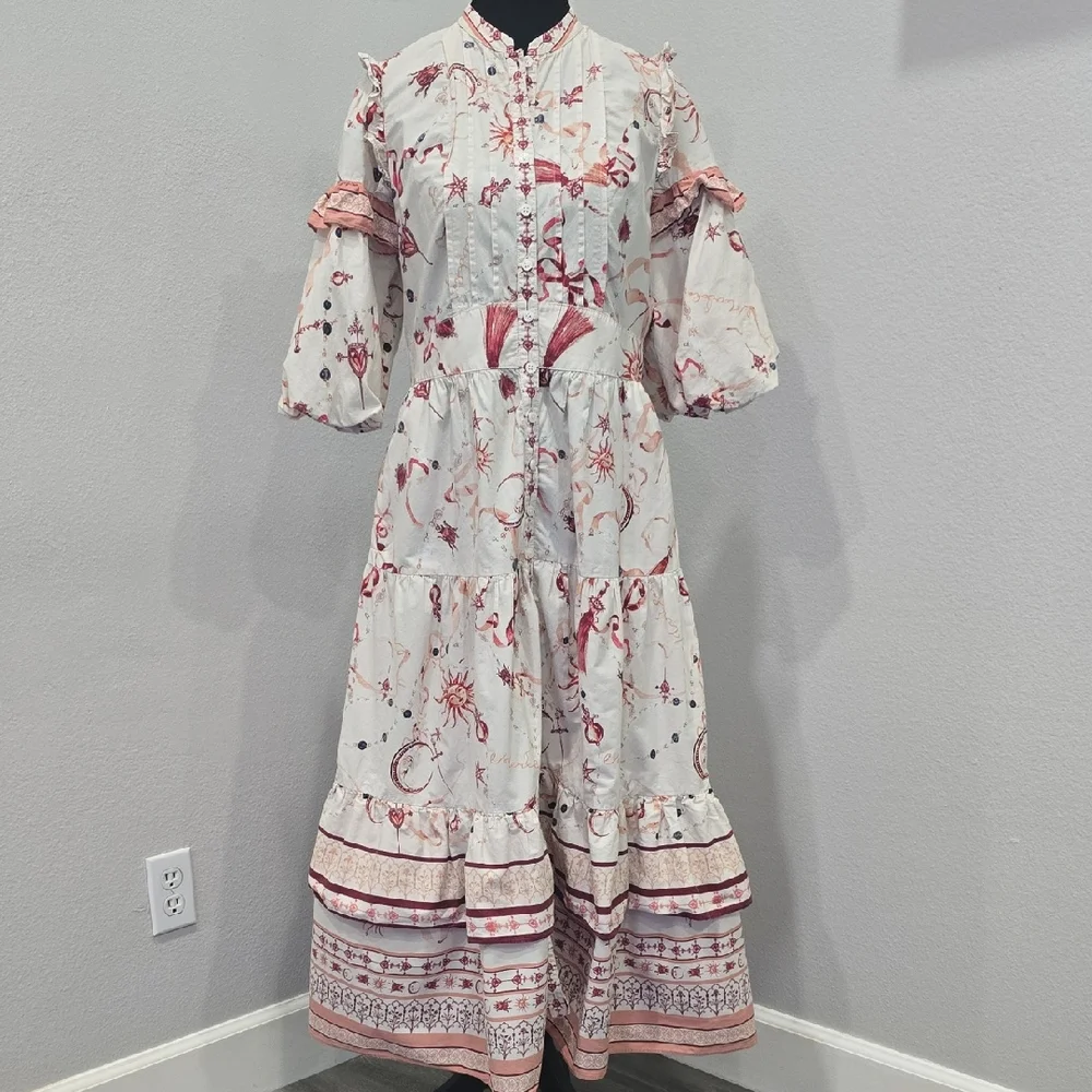 Marchesa Rosa Parker Midi Dress Button Down Puff Sleeve Cream Red Size 8 - Picture 3 of 10